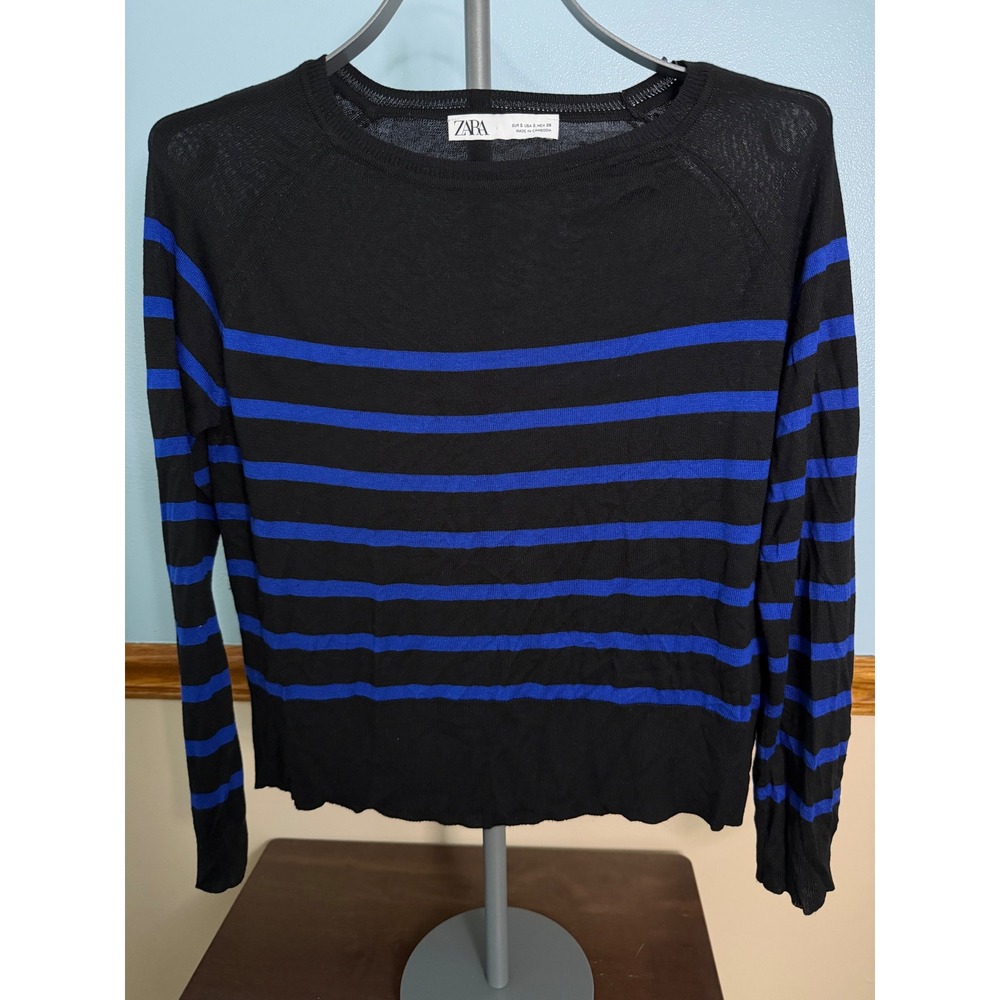 Zara Womens Black Blue Striped Lightweight Knit Crewneck Sweater Small 1509/115